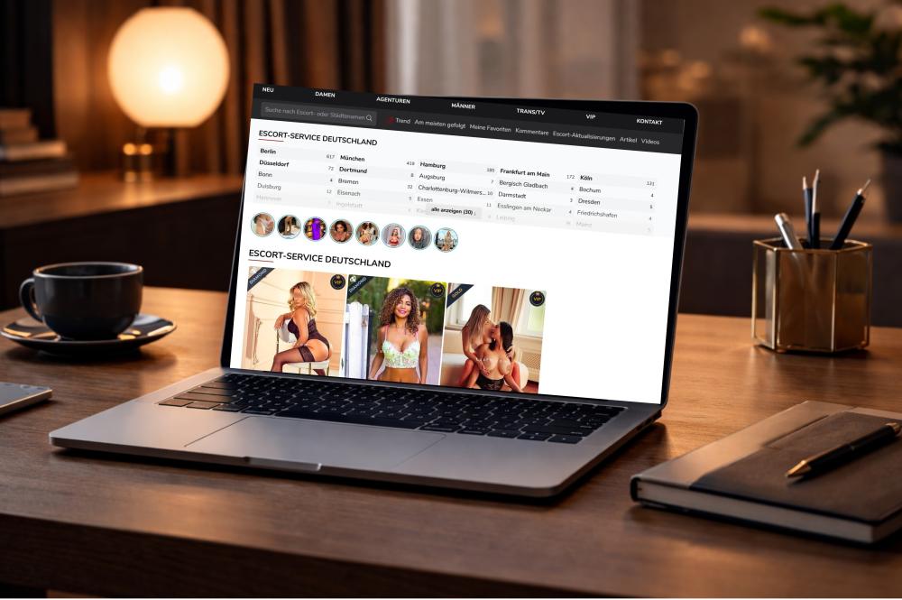 Laptop showing an escort directory with profiles in Germany