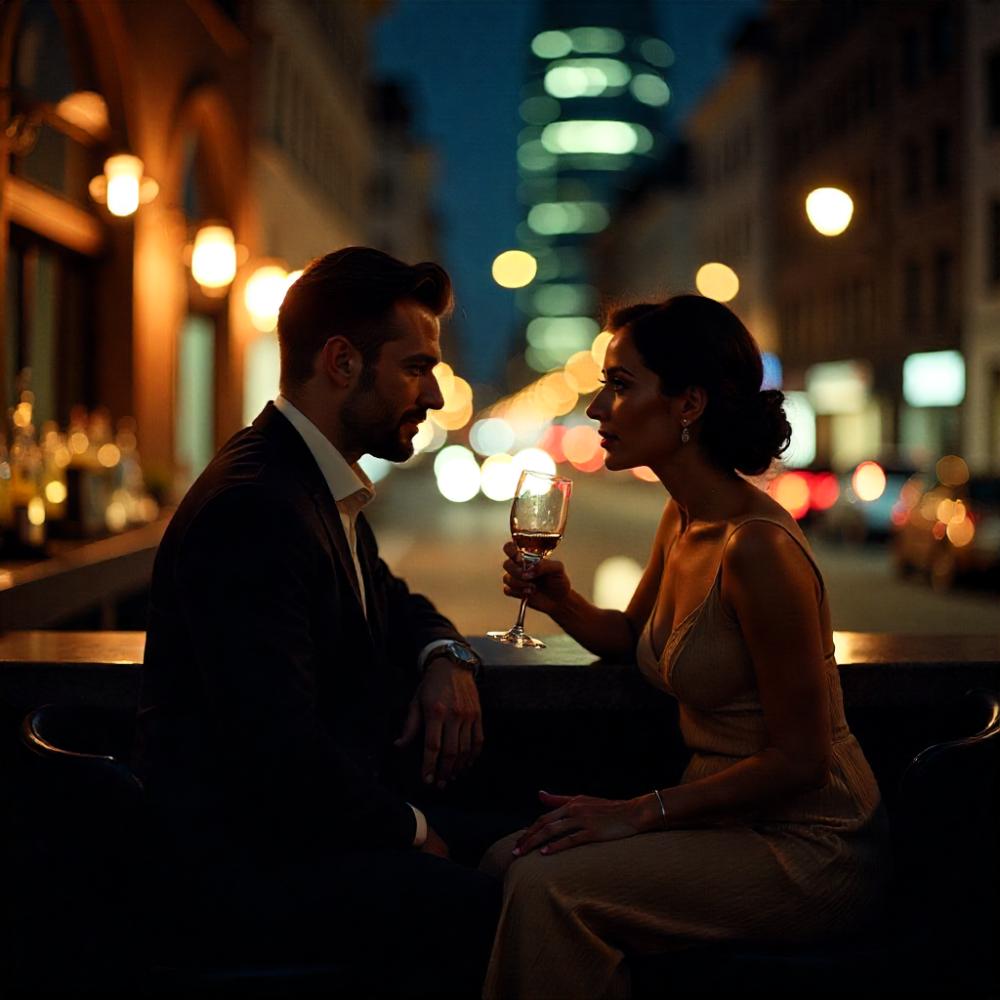 Man and woman laughing together in a hotel bar in Germany